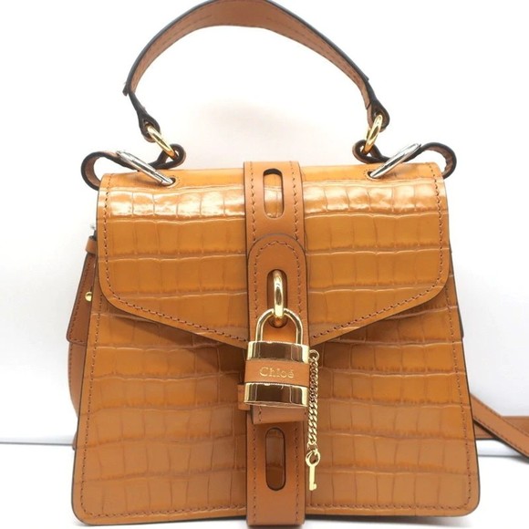 Chloe Small Aby Day Bag Autumnal Brown Croc-Embossed Leather Crossbody Tote NEW - Picture 3 of 12